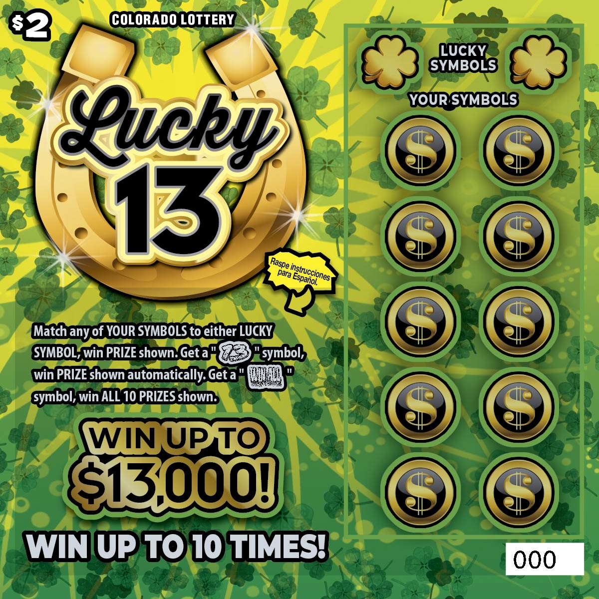 LUCKY 13 Colorado Lottery scratch-off ticket art