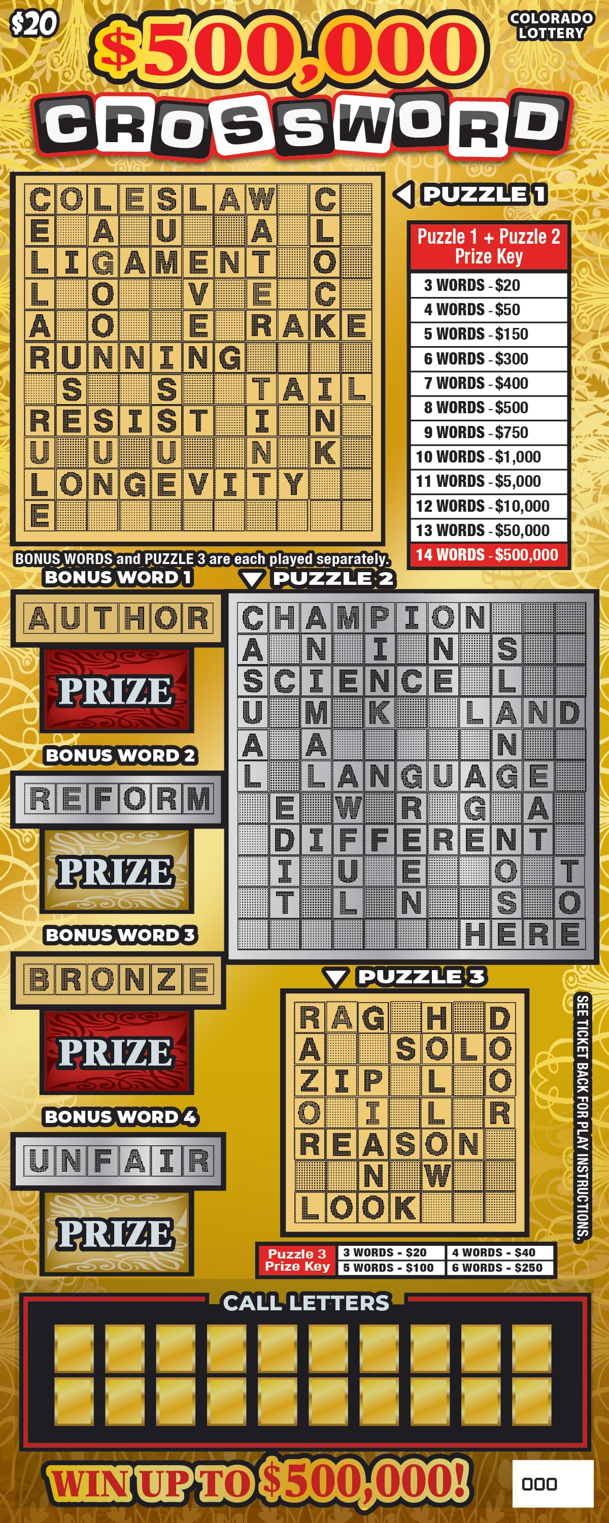 $500,000 Crossword Colorado Lottery scratch-off ticket art