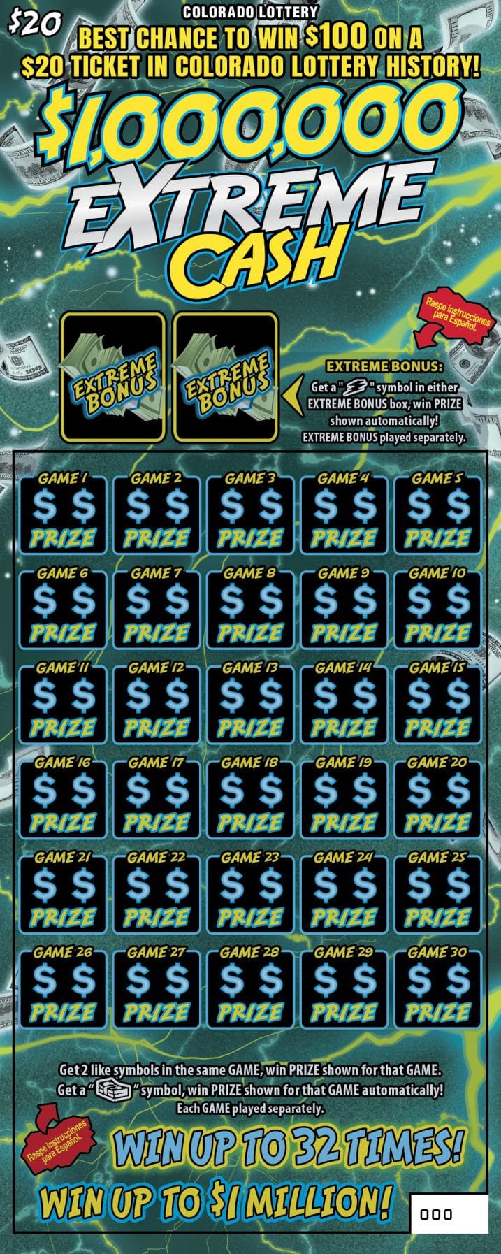 EXTREME CASH Colorado Lottery scratch-off ticket art