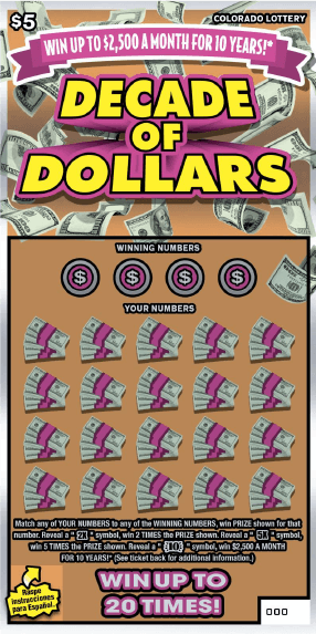 Decade of Dollars Colorado Lottery scratch-off ticket