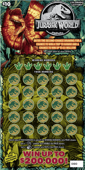 JURASSIC WORLD Colorado Lottery scratch-off ticket art