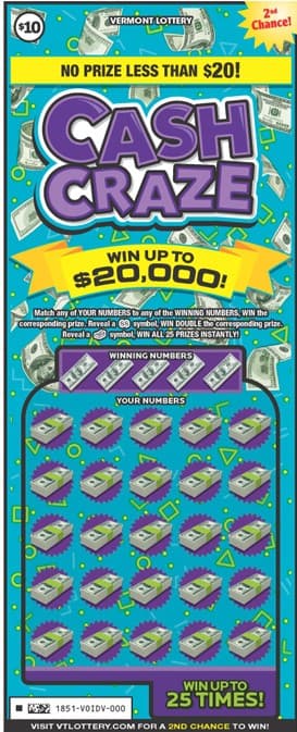 Cash Craze Vermont Lottery scratch-off ticket art
