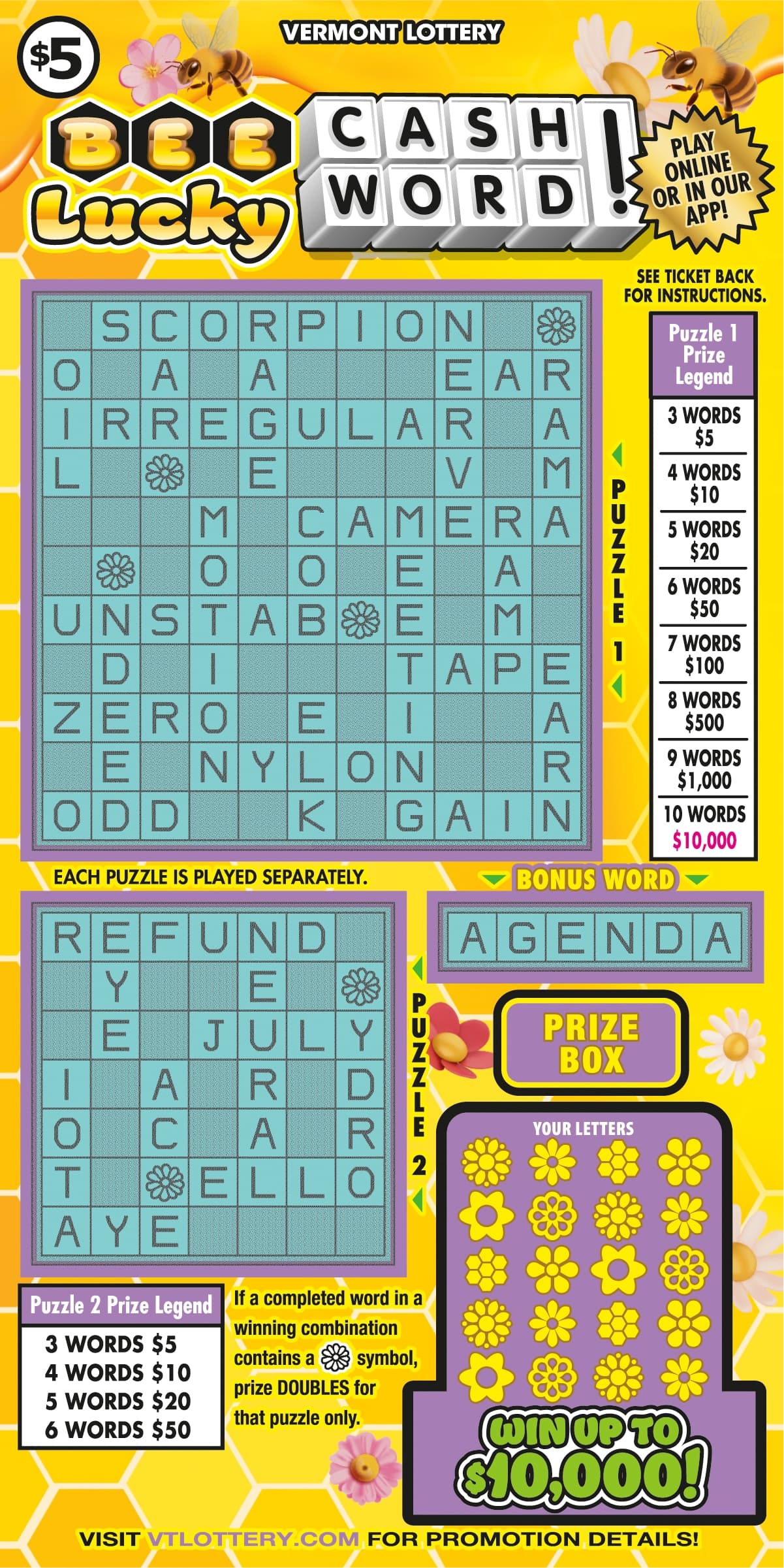 Bee Lucky Cashword! Vermont Lottery scratch-off ticket art