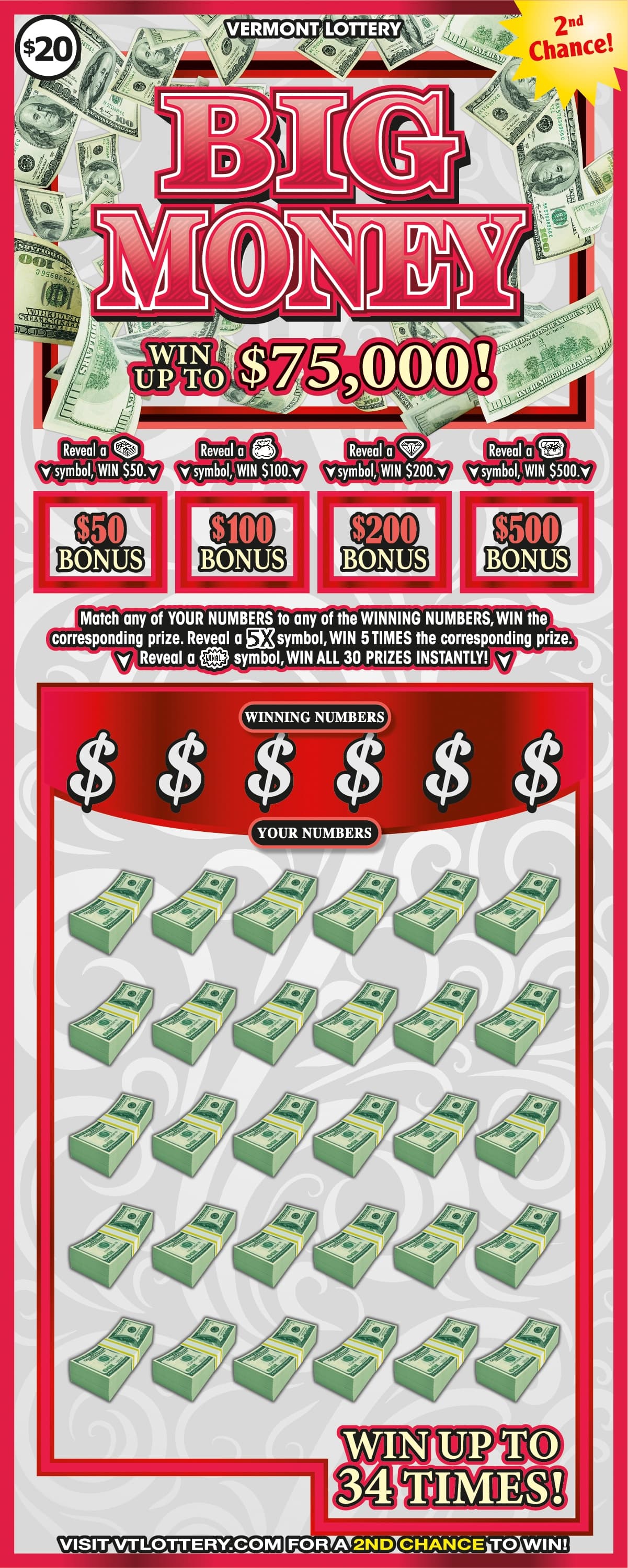Big Money Vermont Lottery scratch-off ticket