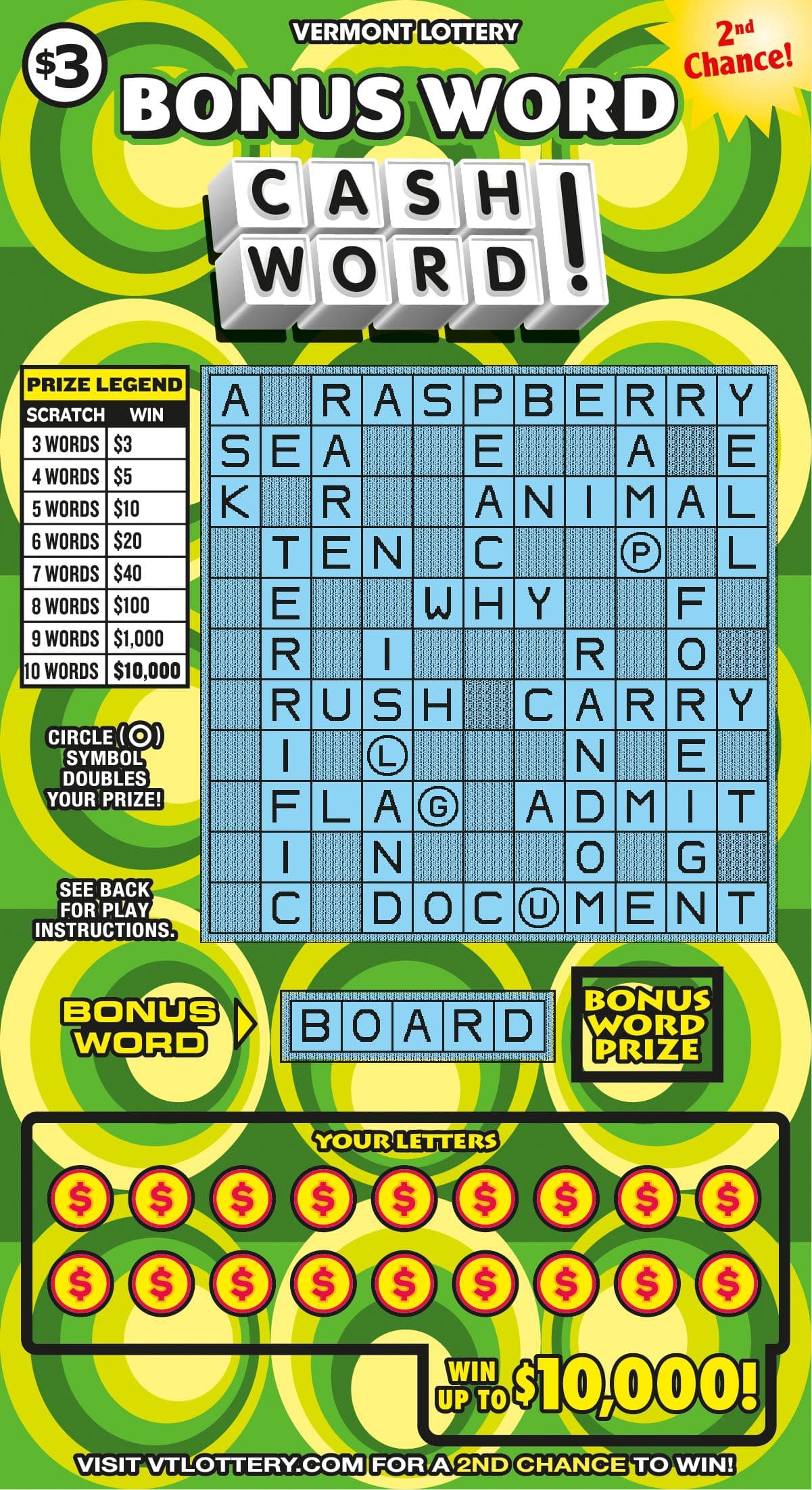 Bonus Word Cashword! Vermont Lottery scratch-off ticket art