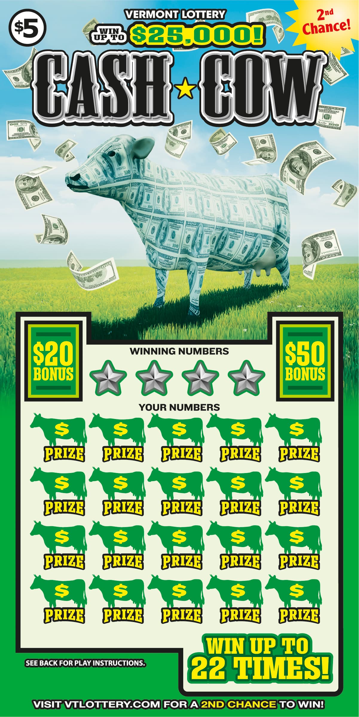 Cash Cow Vermont Lottery scratch-off ticket