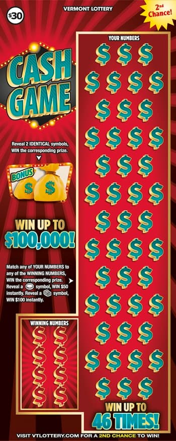 Cash Game Vermont Lottery scratch-off ticket