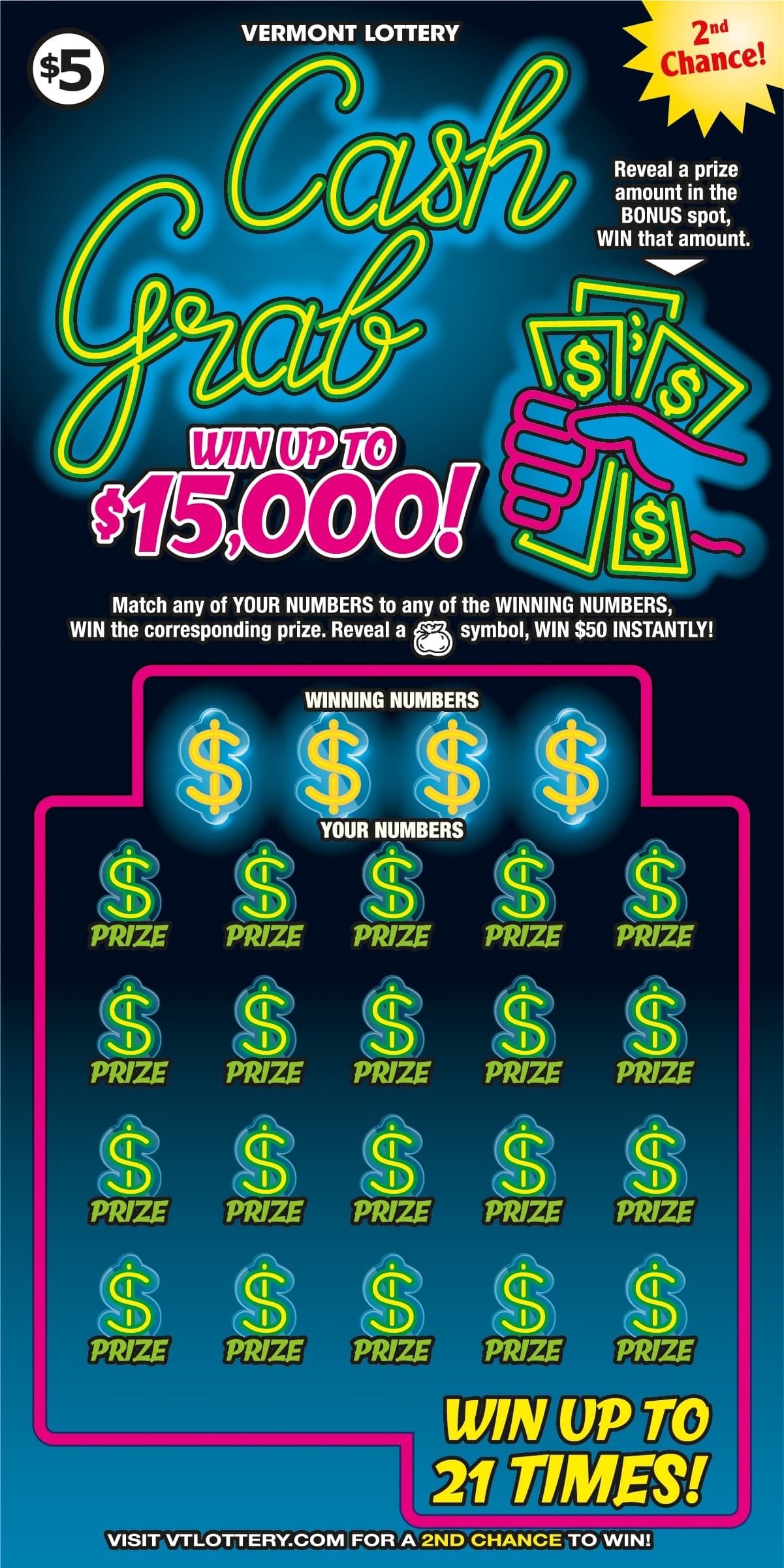 Cash Grab Vermont Lottery scratch-off ticket art
