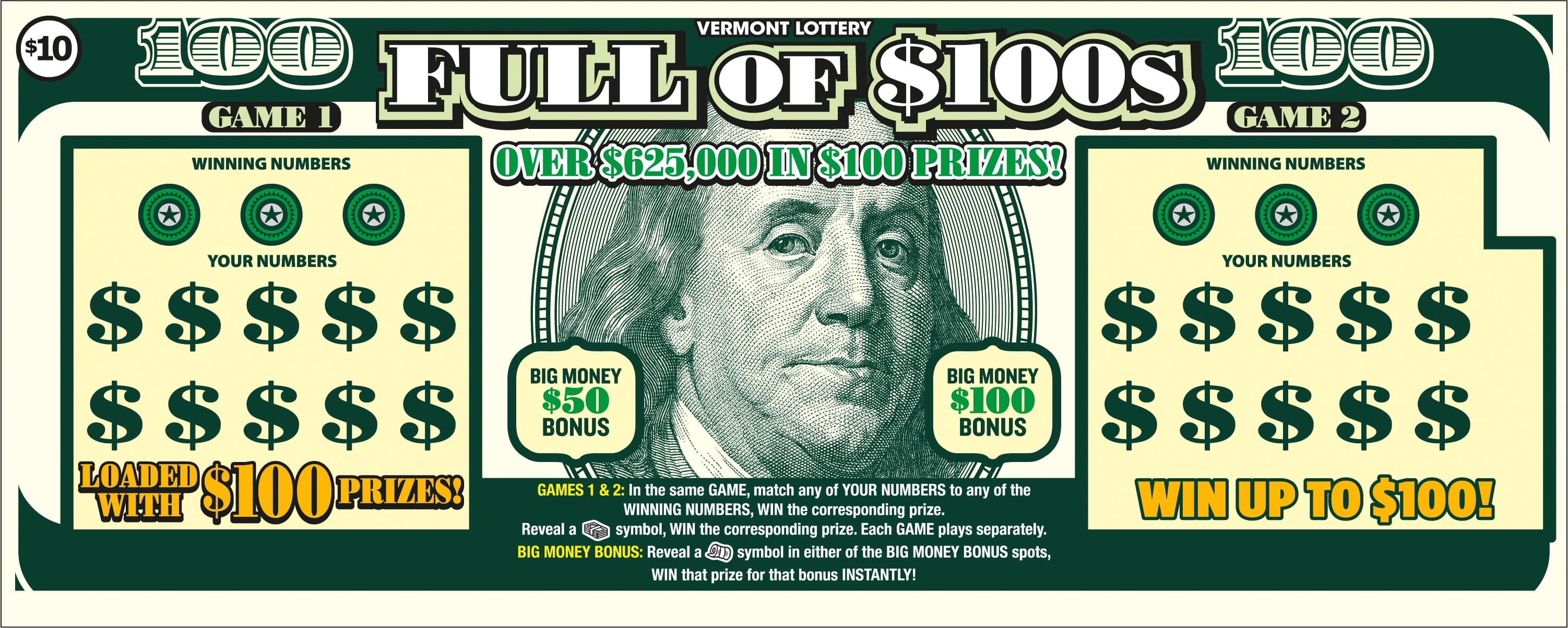 Full of $100s Vermont Lottery scratch-off ticket art