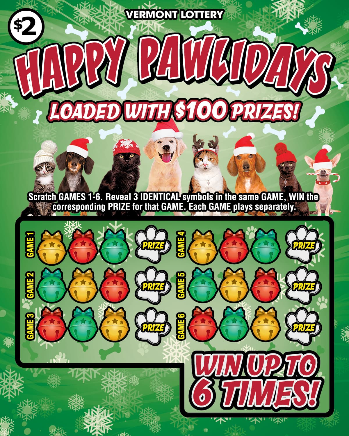 Happy Pawlidays Vermont Lottery scratch-off ticket art