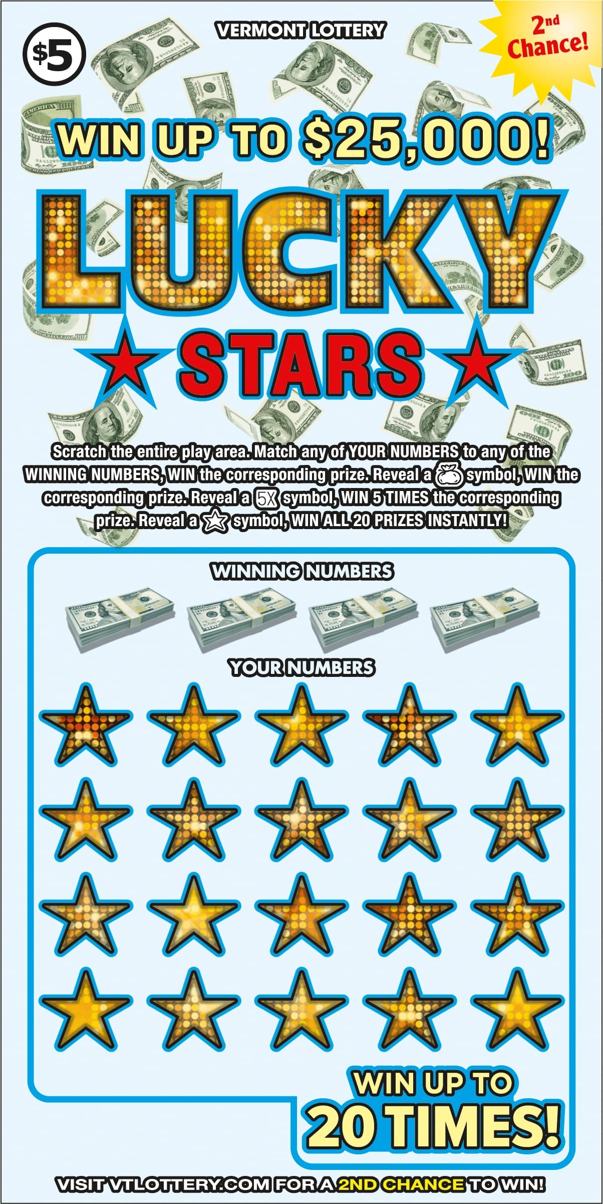 Lucky Stars Vermont Lottery scratch-off ticket