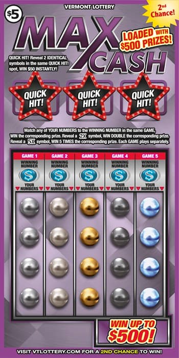 Max Cash Vermont Lottery scratch-off ticket art