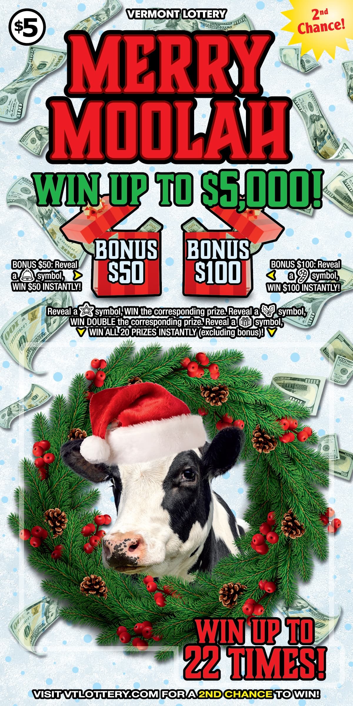Merry Moolah Vermont Lottery scratch-off ticket art