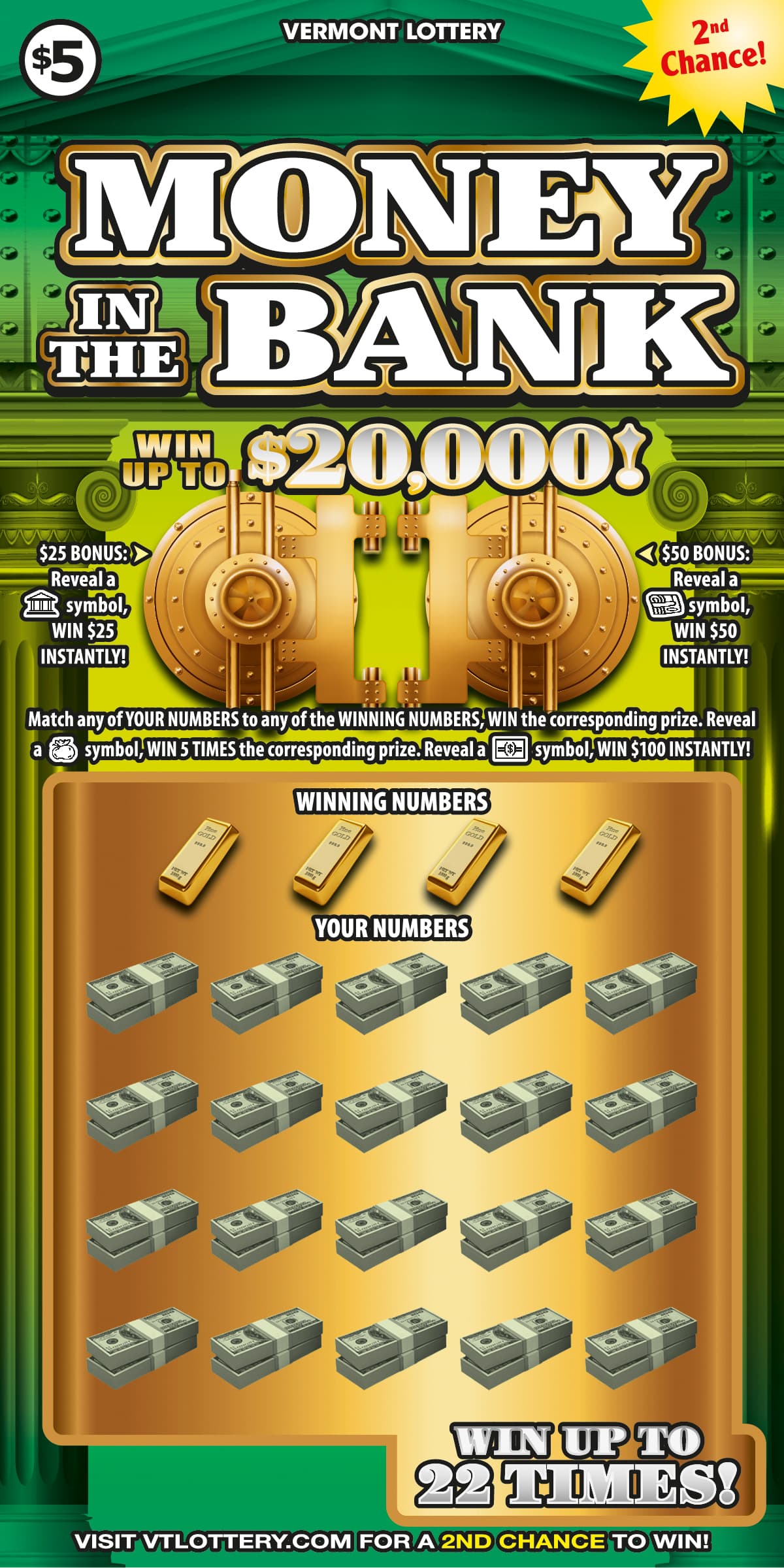 Money In The Bank Vermont Lottery scratch-off ticket