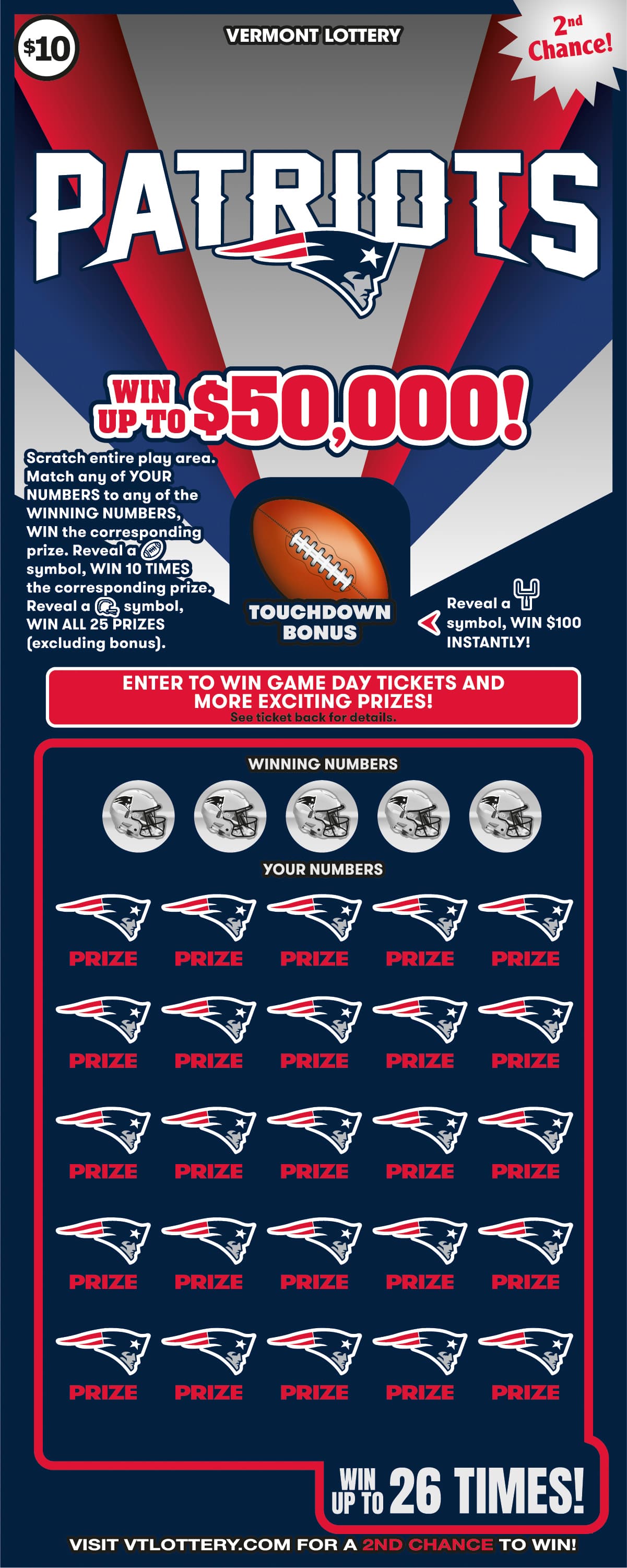 Patriots Vermont Lottery scratch-off ticket