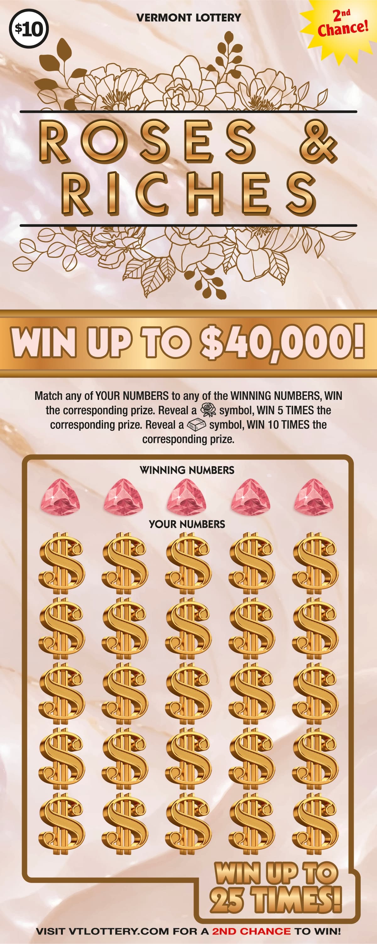 Roses & Riches Vermont Lottery scratch-off ticket