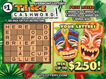 Tiki Cashword Vermont Lottery scratch-off ticket art