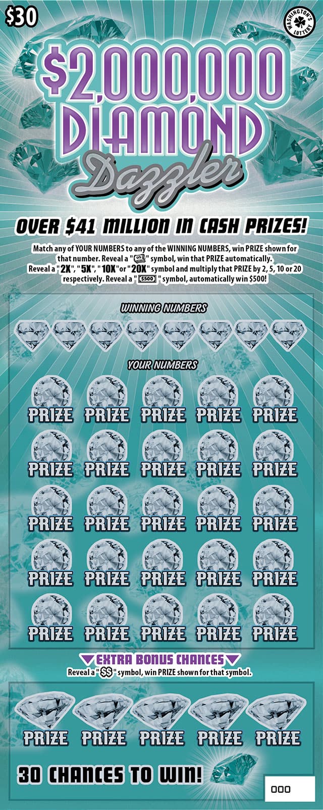 $2,000,000 DIAMOND Dazzler Washington Lottery scratch-off ticket art