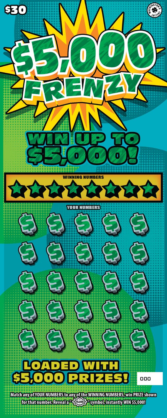 $5,000 FRENZY Washington Lottery scratch-off ticket