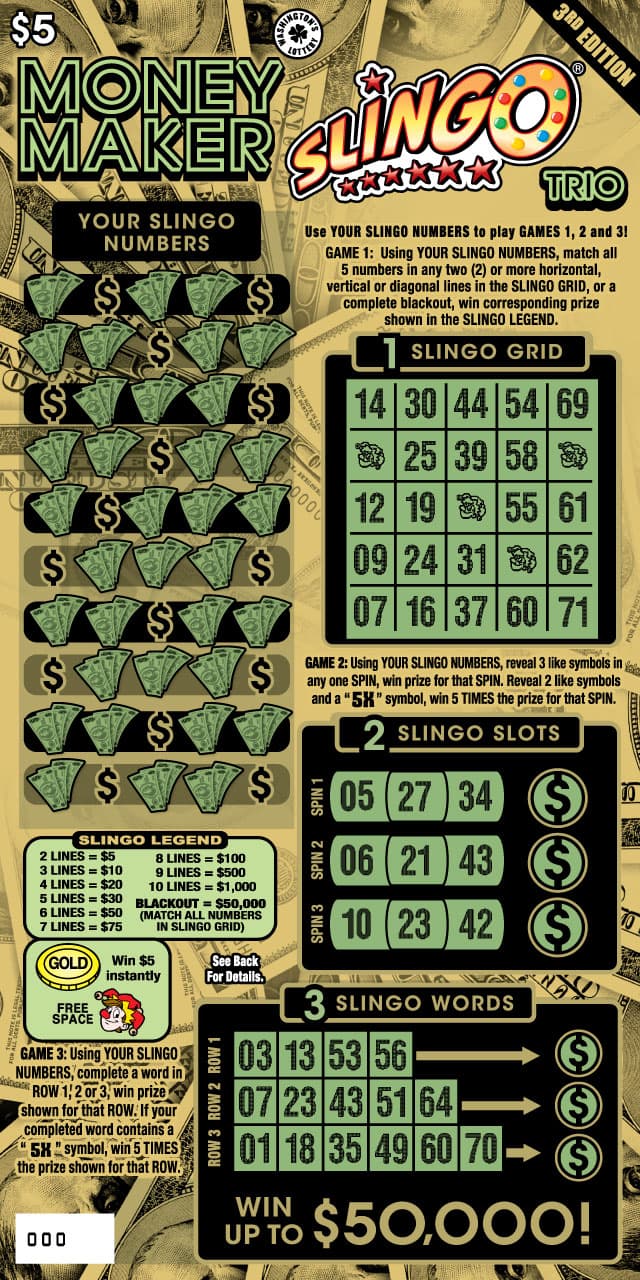 MONEY MAKER SLINGO TRIO 3RD ED Washington Lottery scratch-off ticket art