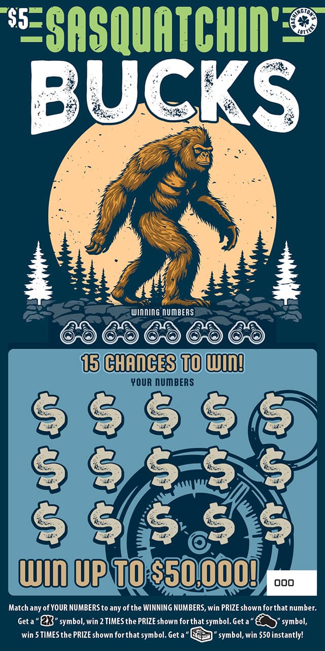SASQUATCHIN BUCKS Washington Lottery scratch-off ticket art