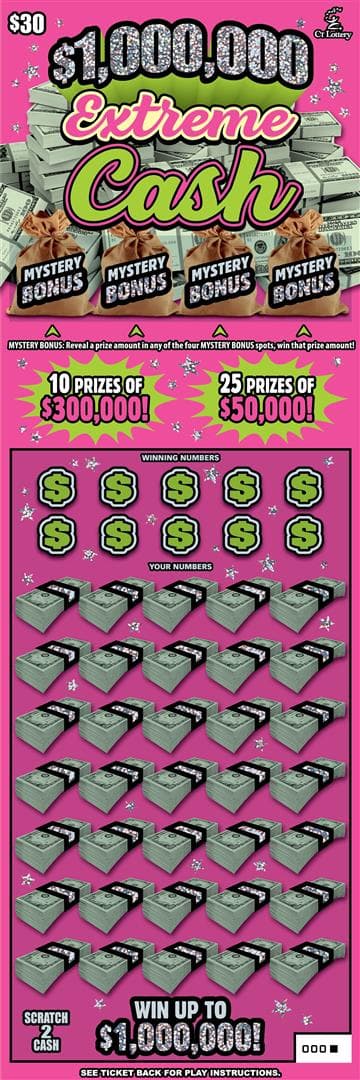 $1,000,000 Extreme Cash Connecticut Lottery scratch-off ticket art