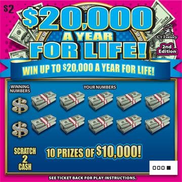 $20,000 A YEAR FOR LIFE 2ND ED. Connecticut Lottery scratch-off ticket art