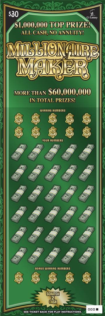 Millionaire Maker Connecticut Lottery scratch-off ticket art