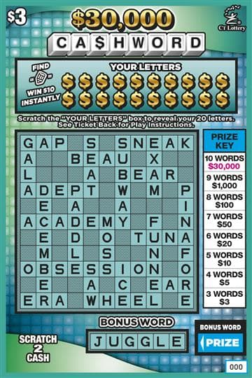 $30,000 Cashword Connecticut Lottery scratch-off ticket art