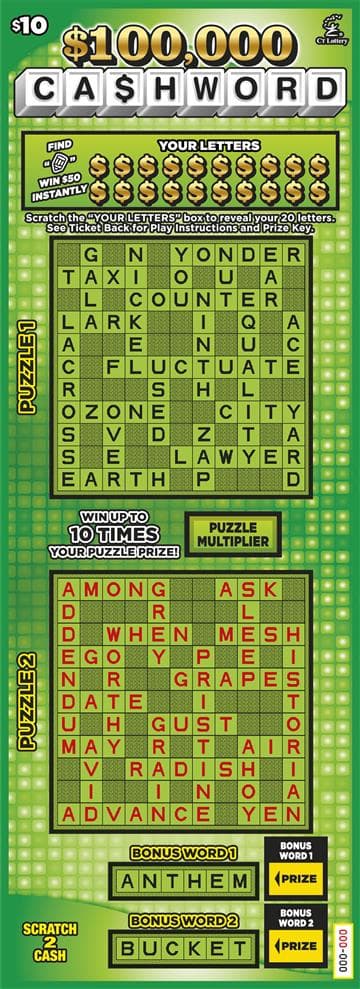 $100,000 CA$HWORD Connecticut Lottery scratch-off ticket