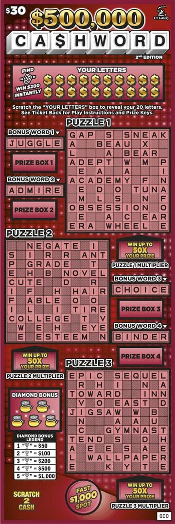 $500,000 CASHWORD 2nd EDITION Connecticut Lottery scratch-off ticket
