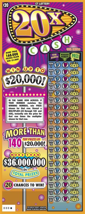 20X Cash 10th Edition Connecticut Lottery scratch-off ticket