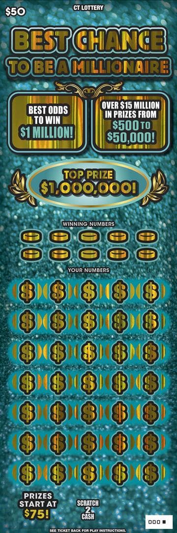 Best Chance To Be A Millionaire Connecticut Lottery scratch-off ticket art