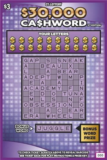 $30,000 CA$HWORD 2nd Edition Connecticut Lottery scratch-off ticket art