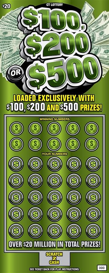 $100, $200 or $500 Connecticut Lottery scratch-off ticket art