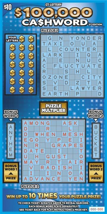 $100,000 CA$HWORD 2nd Edition Connecticut Lottery scratch-off ticket
