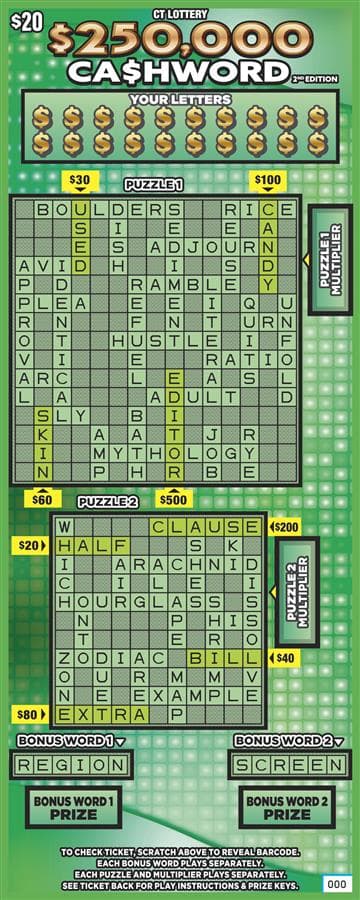 $250,000 CA$HWORD 2nd EDITION Connecticut Lottery scratch-off ticket art