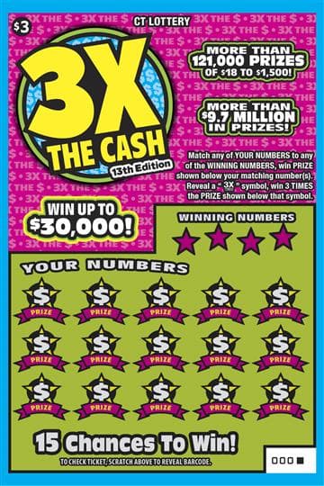 3X the Cash 13th Edition Connecticut Lottery scratch-off ticket art