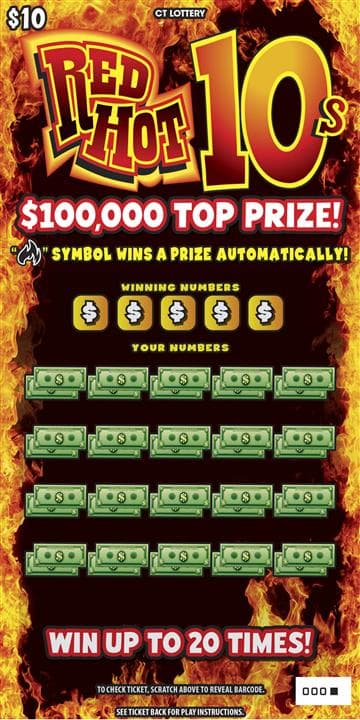 Red Hot 10s Connecticut Lottery scratch-off ticket