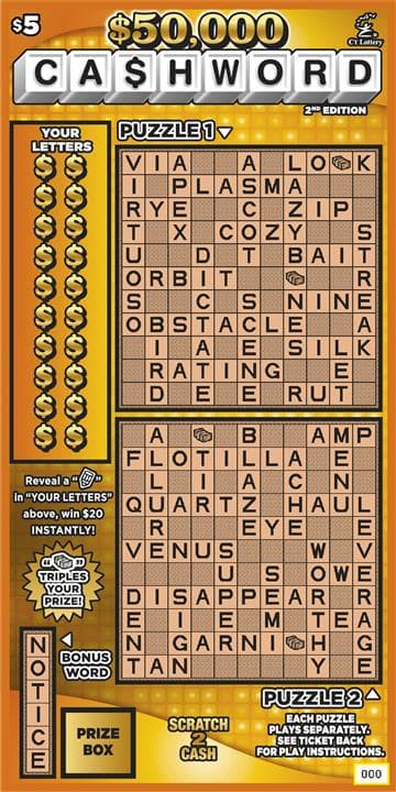 $50,000 Cashword 2nd Edition Connecticut Lottery scratch-off ticket art