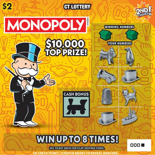 $2 MONOPOLY Connecticut Lottery scratch-off ticket art