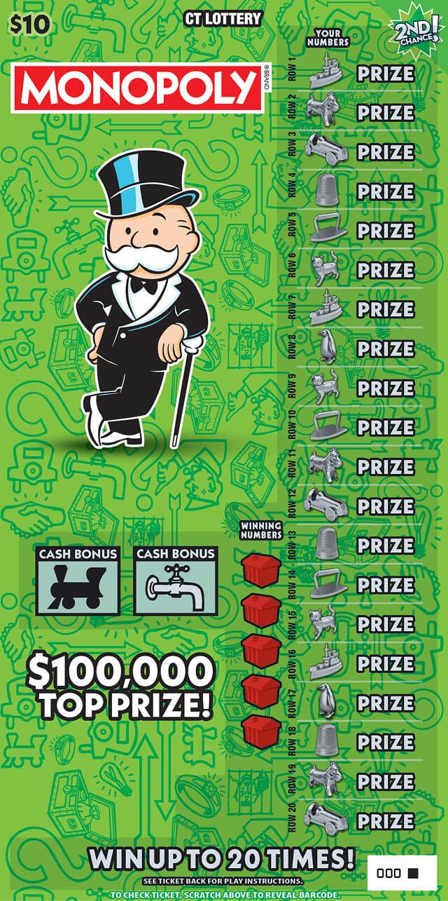 $10 MONOPOLY Connecticut Lottery scratch-off ticket art