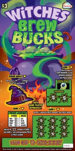 Witches Brew Bucks Kentucky Lottery scratch-off ticket art