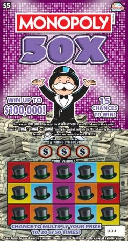 Monopoly® 50X Kentucky Lottery scratch-off ticket art