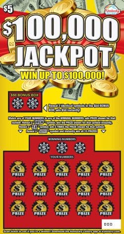 $100,000 Jackpot Kentucky Lottery scratch-off ticket art