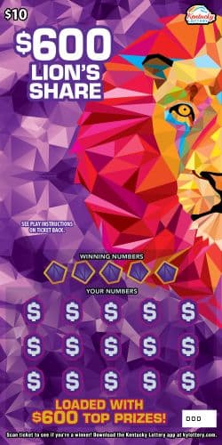 $600 Lion's Share Kentucky Lottery scratch-off ticket art