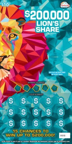 $200,000 Lion's Share Kentucky Lottery scratch-off ticket