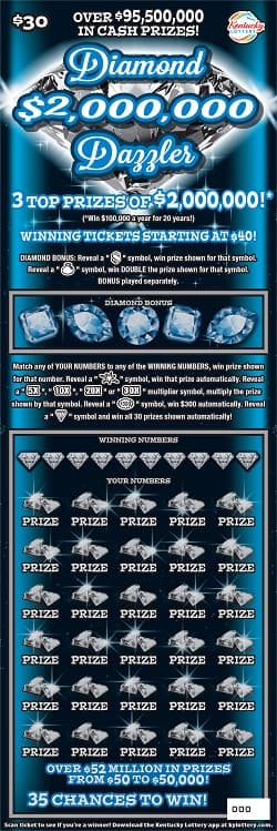 $2,000,000 Diamond Dazzler Kentucky Lottery scratch-off ticket art