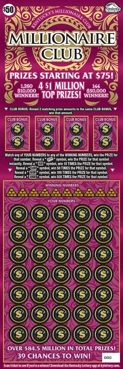 Millionaire Club Kentucky Lottery scratch-off ticket