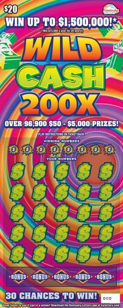 Wild Cash 200X Kentucky Lottery scratch-off ticket art